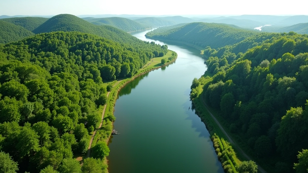 Nemuno kilpos vaizdas iš aukšto, žali kalvai ir upės vingis