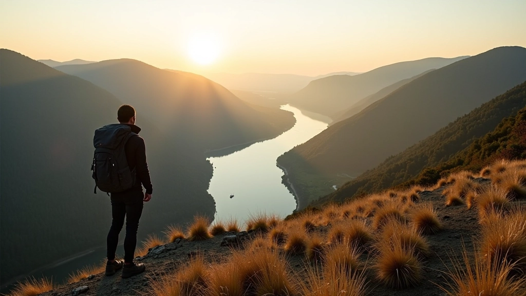 Pėsčias žmogus stovi ant kalvos ir žiūri į Nemuno kilpų panoramą