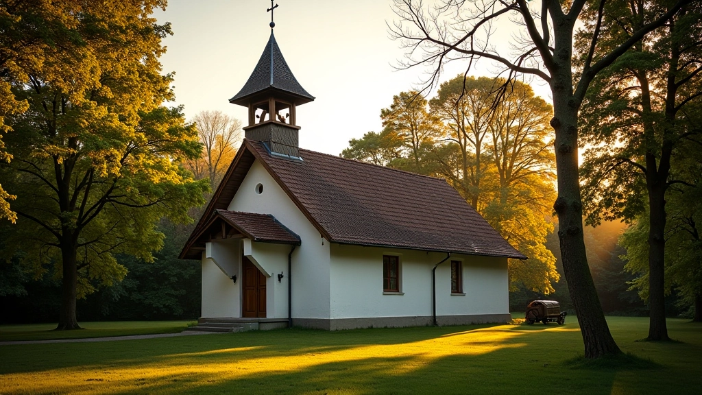 Senovės bažnyčia miške su kryžiais šalia, kultūrinis palikimas, religiinis objektas